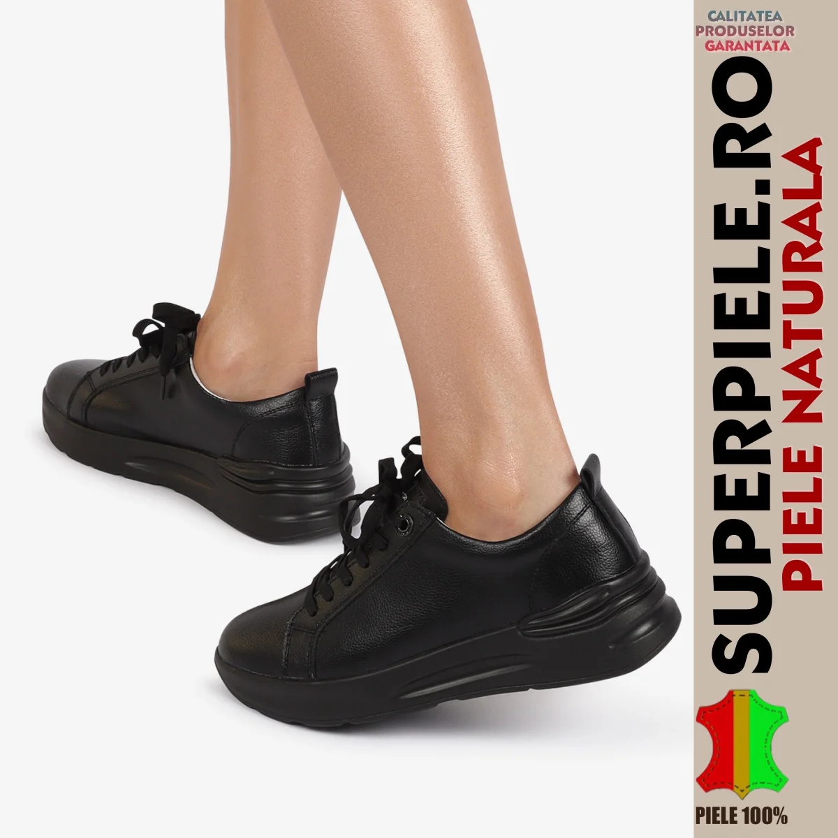 Schwarze Damen Freizeitschuhe aus echtem Leder |SAMA| mit Schnürung