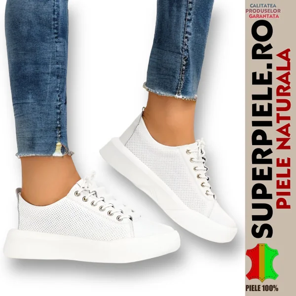 Weiße Freizeitschuhe, Naturleder, dicke Sohle mit Schnürsenkeln-|GADA|