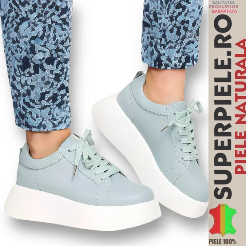 Casualowe buty damskie ze skóry naturalnej w kolorze niebieskim, z grubą podeszwą i sznurowaniem T-5025