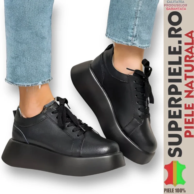 Damen Casual Schuhe aus echtem schwarzen Leder mit übergroßer Sohle T-5025