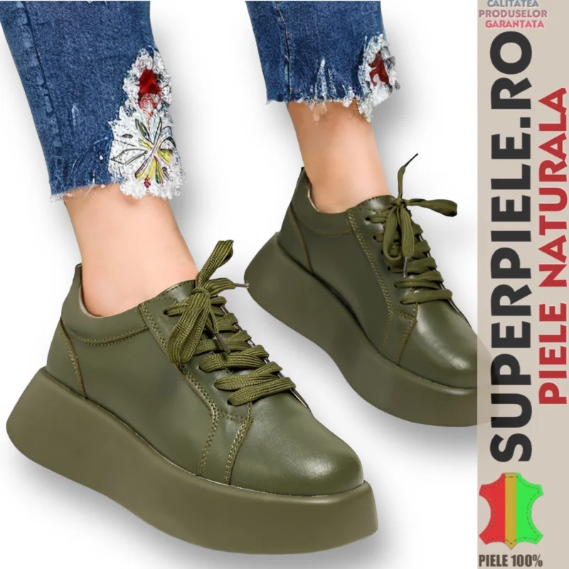 Adidas verde inchis din piele naturala, mole inalta |KREVOLA|