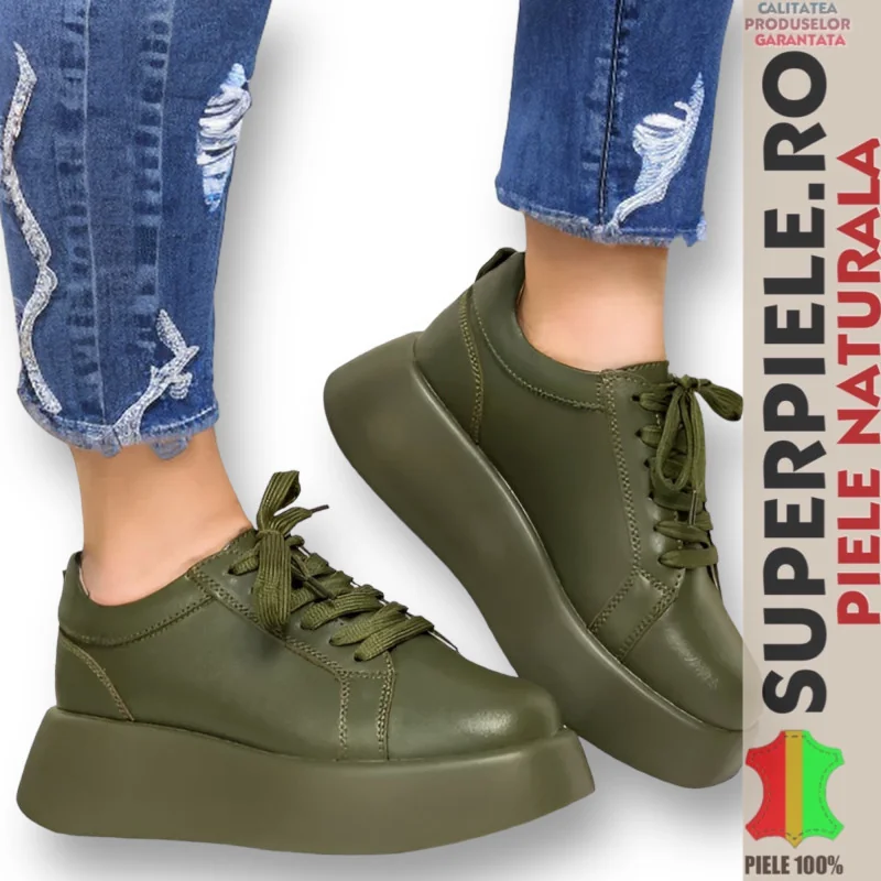 Adidas verde inchis din piele naturala, mole inalta |KREVOLA|