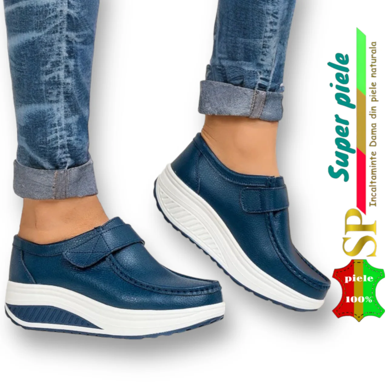 Marineblaue Freizeitschuhe|SKALOBA|mit Plateau-Naturleder