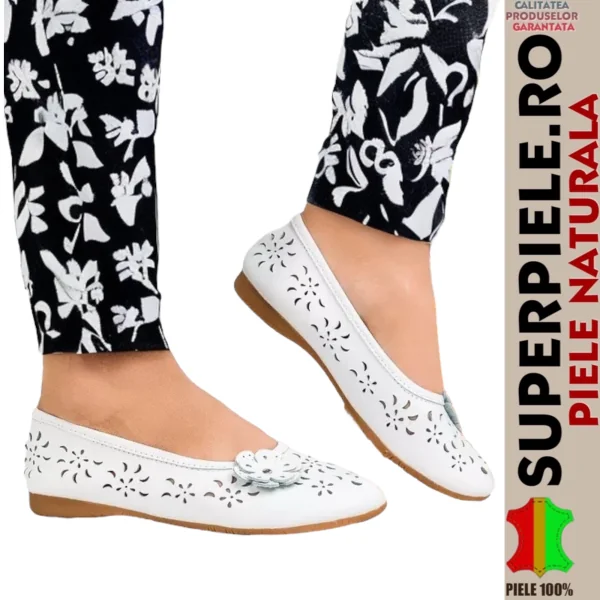 Ballerines blanches perforées pour femmes en cuir naturel à semelles hautes |Sydra|