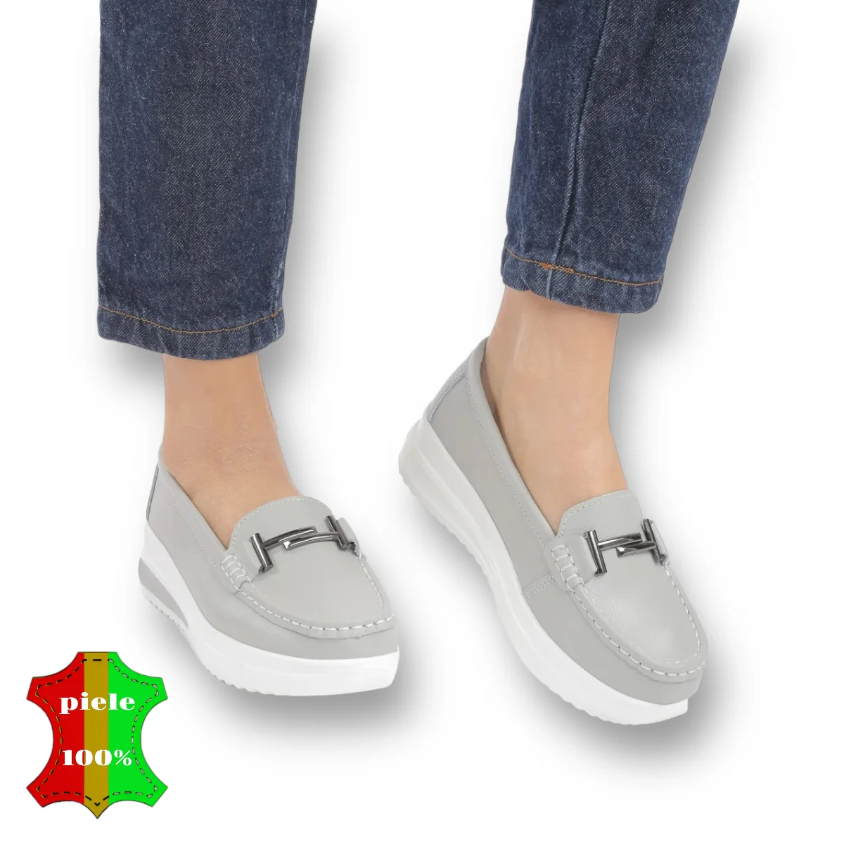 Graue Damen-Loafer aus Naturleder mit Plateau |PRIMOZA|