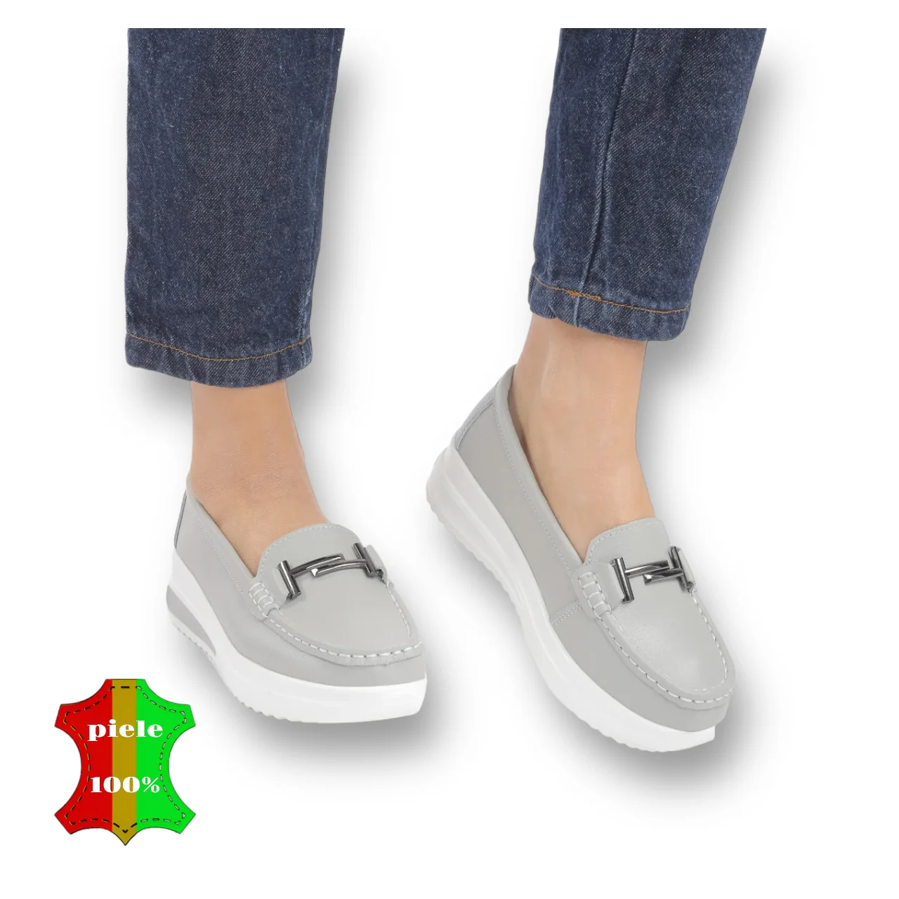 Graue Damen-Loafer aus Naturleder mit Plateau |PRIMOZA|