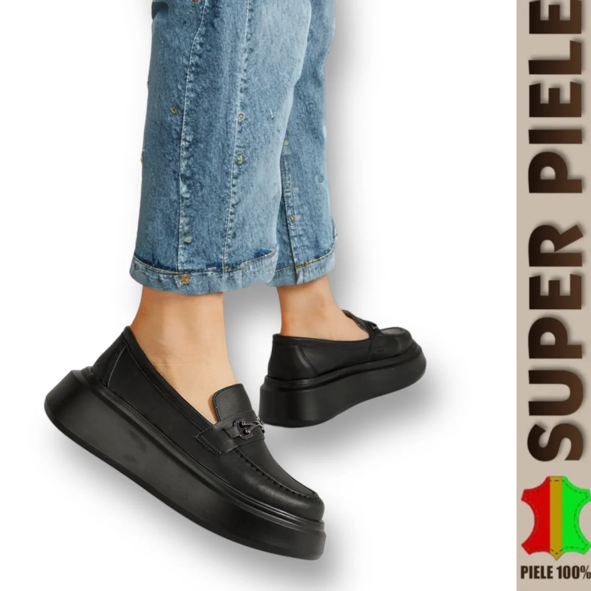 Tienda online de zapatos de piel auténtica para mujer.Mocasines de piel auténtica con suela alta |Royal|