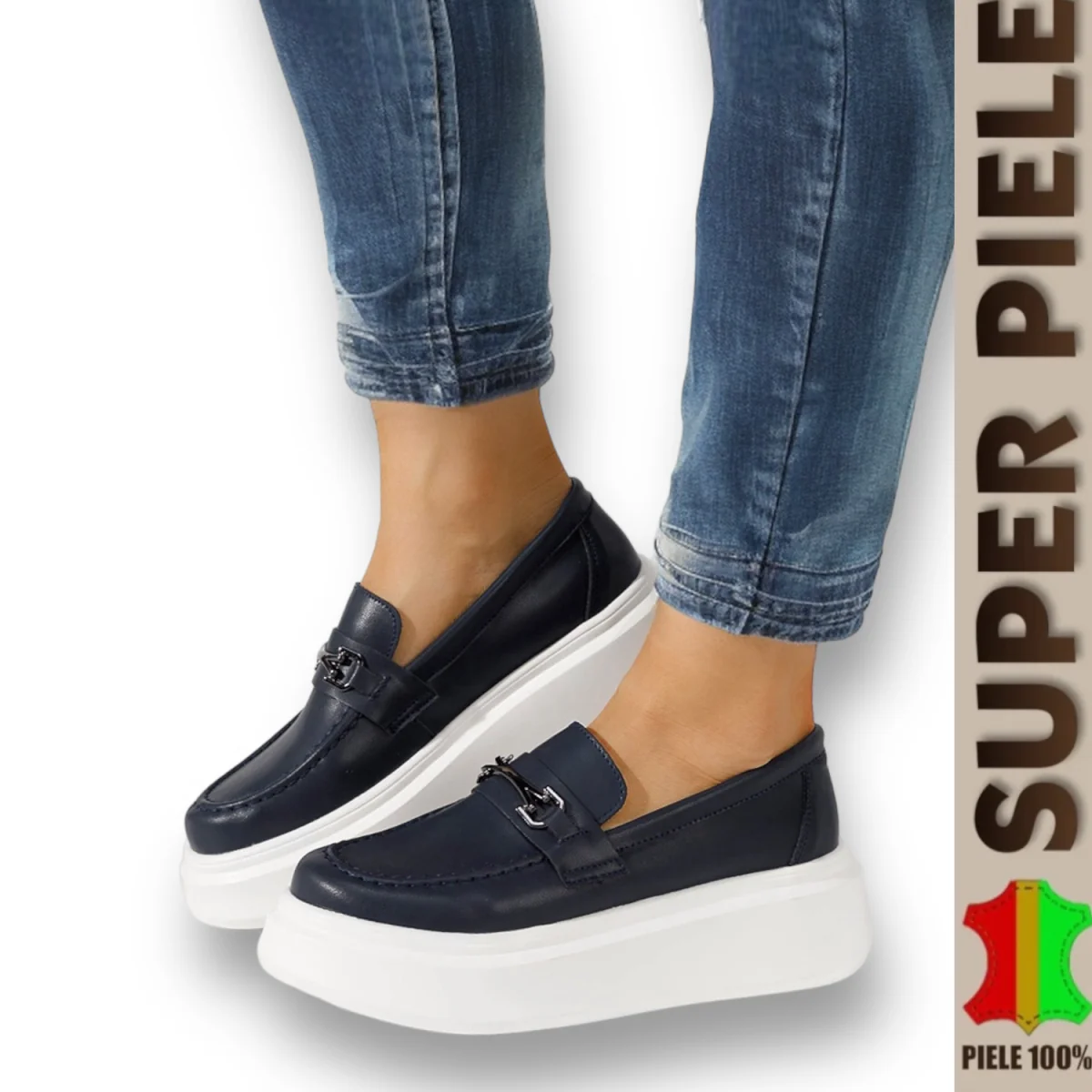 Tienda online de zapatos de piel auténtica para mujer.Mocasines de piel auténtica con suela alta |Royal|