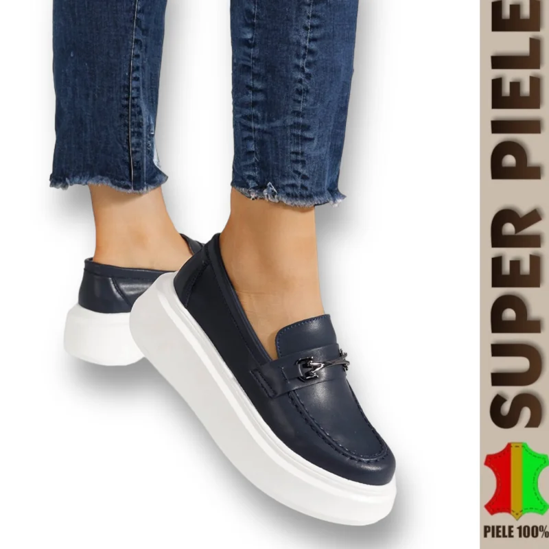 Tienda online de zapatos de piel auténtica para mujer.Mocasines de piel auténtica con suela alta |Royal|