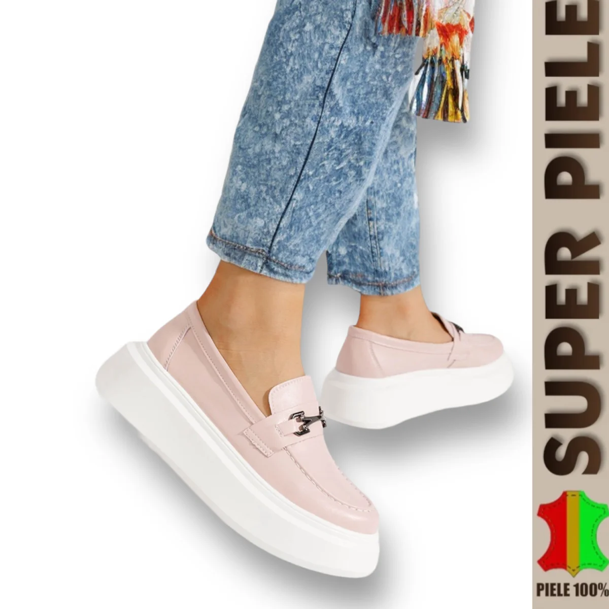 Tienda online de zapatos de piel auténtica para mujer.Mocasines de piel auténtica con suela alta |Royal|