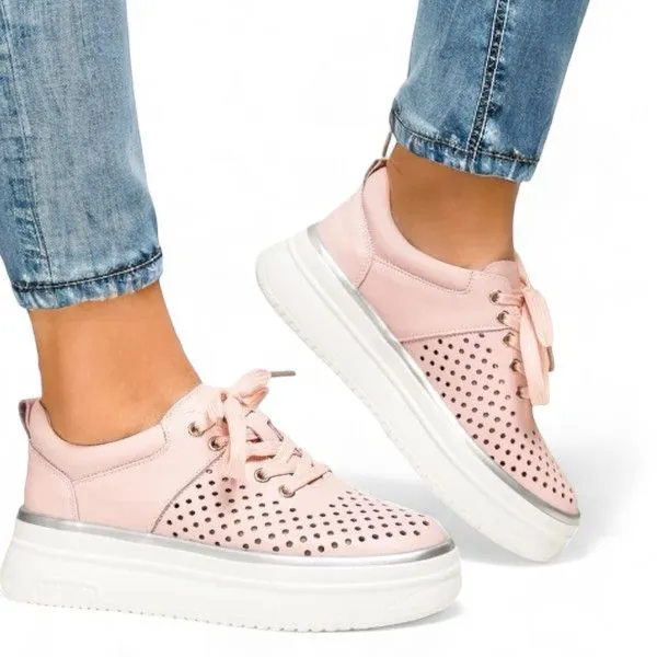 Chaussures casual femme roses en cuir naturel avec détails gris perforés et semelle épaisse T-5911