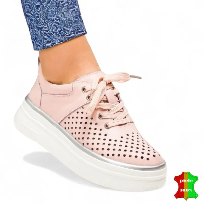 Rosa Damen-Casualschuhe aus Naturleder mit perforierten grauen Akzenten und dicker Sohle T-5911