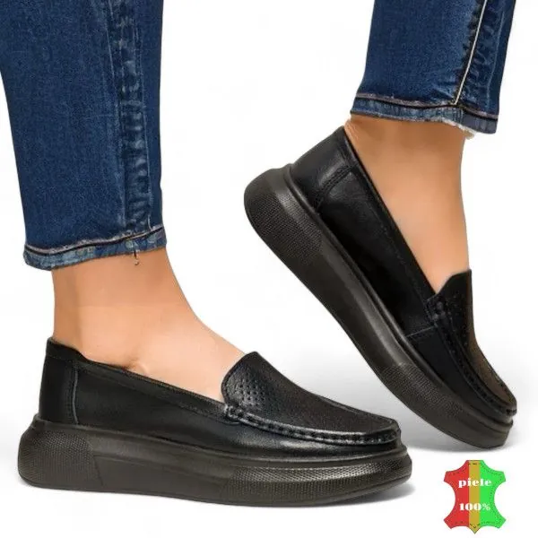 Mocassins en cuir véritable, semelle épaisse |PERZOTTI|