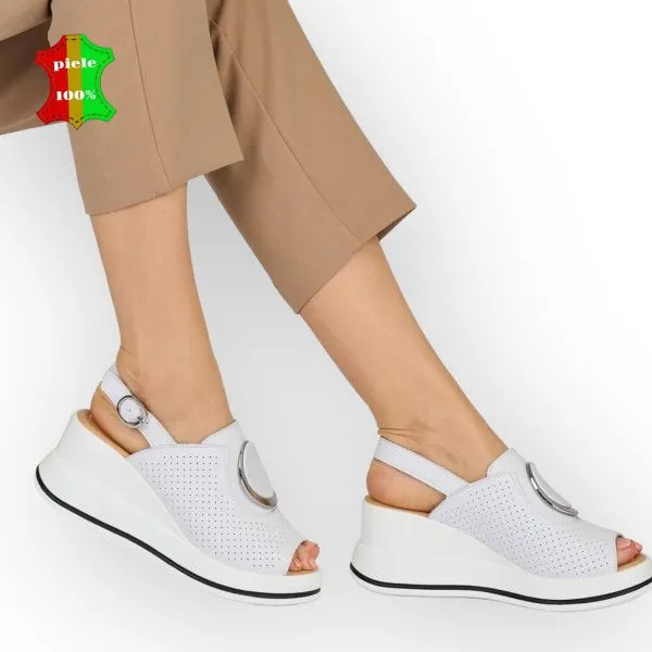 online winkel voor damesschoenen van echt leerdames witte sandalen, natuurlijk leer, met hoge witte zool |KATOVA|