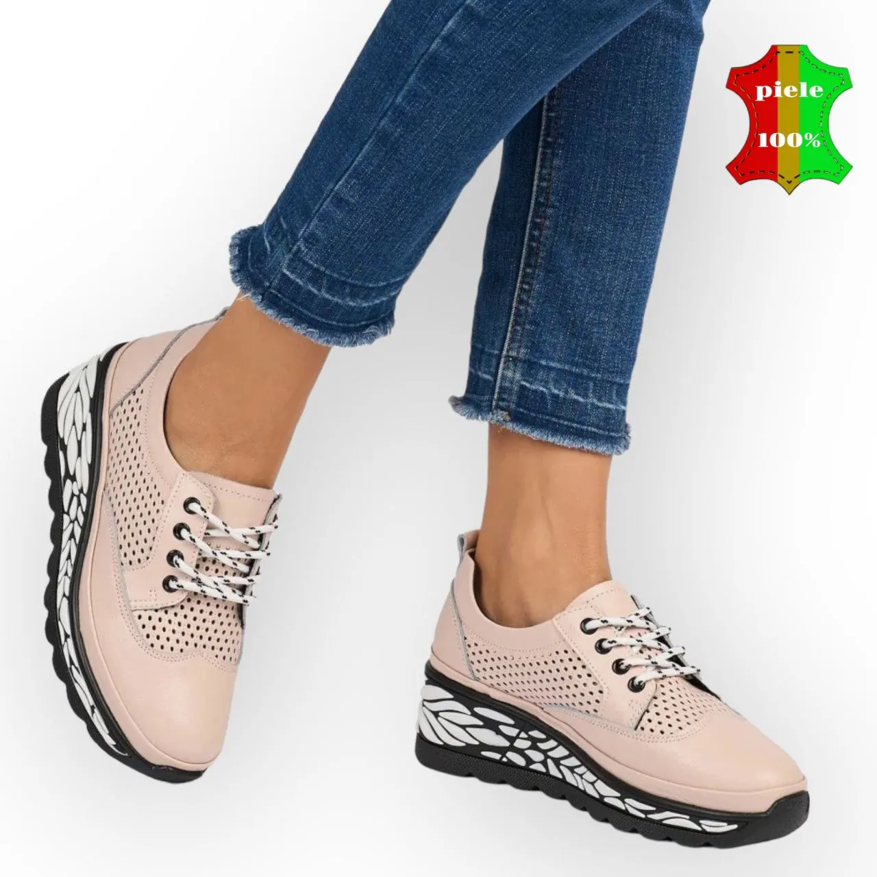 Chaussures décontractées roses en cuir véritable avec semelles hautes en blanc et noir |ALVOK|