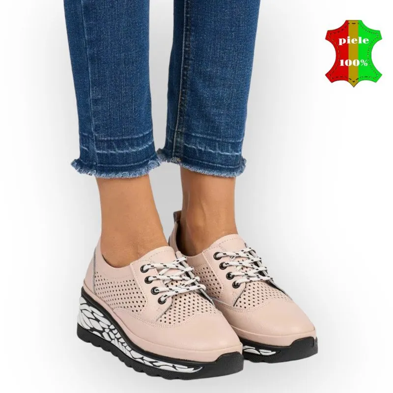 Chaussures décontractées roses en cuir véritable avec semelles hautes en blanc et noir |ALVOK|