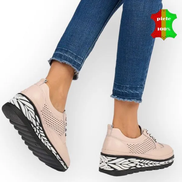 Chaussures décontractées roses en cuir véritable avec semelles hautes en blanc et noir |ALVOK|