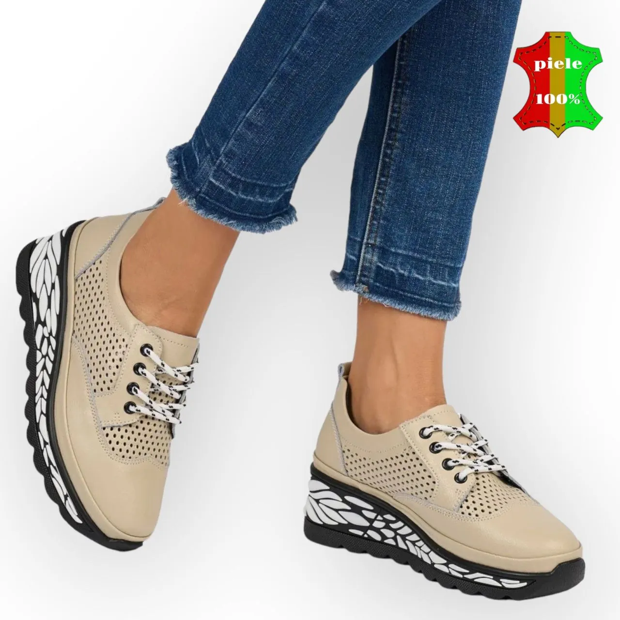 online winkel voor damesschoenen van echt leerBeige casual schoenen van echt leer met zwarte hoge zool |ALVOK|