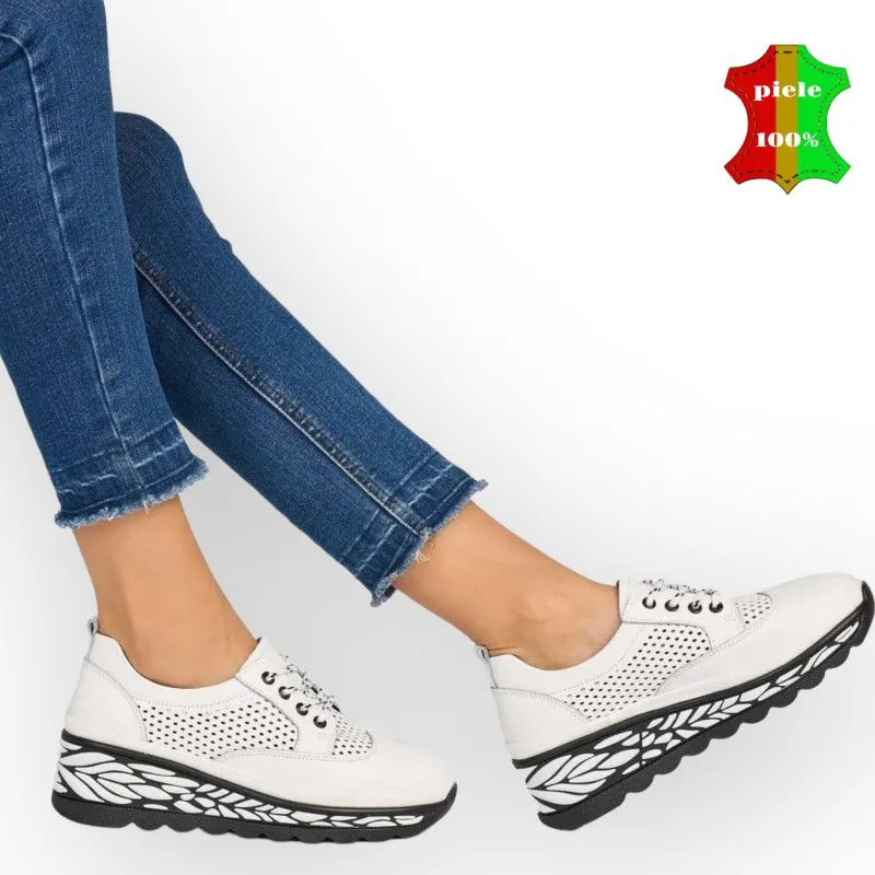 Tienda online de zapatos de piel auténtica para mujer.Zapatos casuales blancos de piel auténtica con suela alta negra |ALVOK|