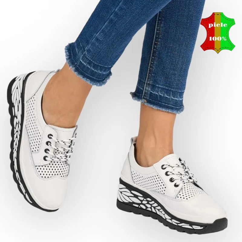 Tienda online de zapatos de piel auténtica para mujer.Zapatos casuales blancos de piel auténtica con suela alta negra |ALVOK|