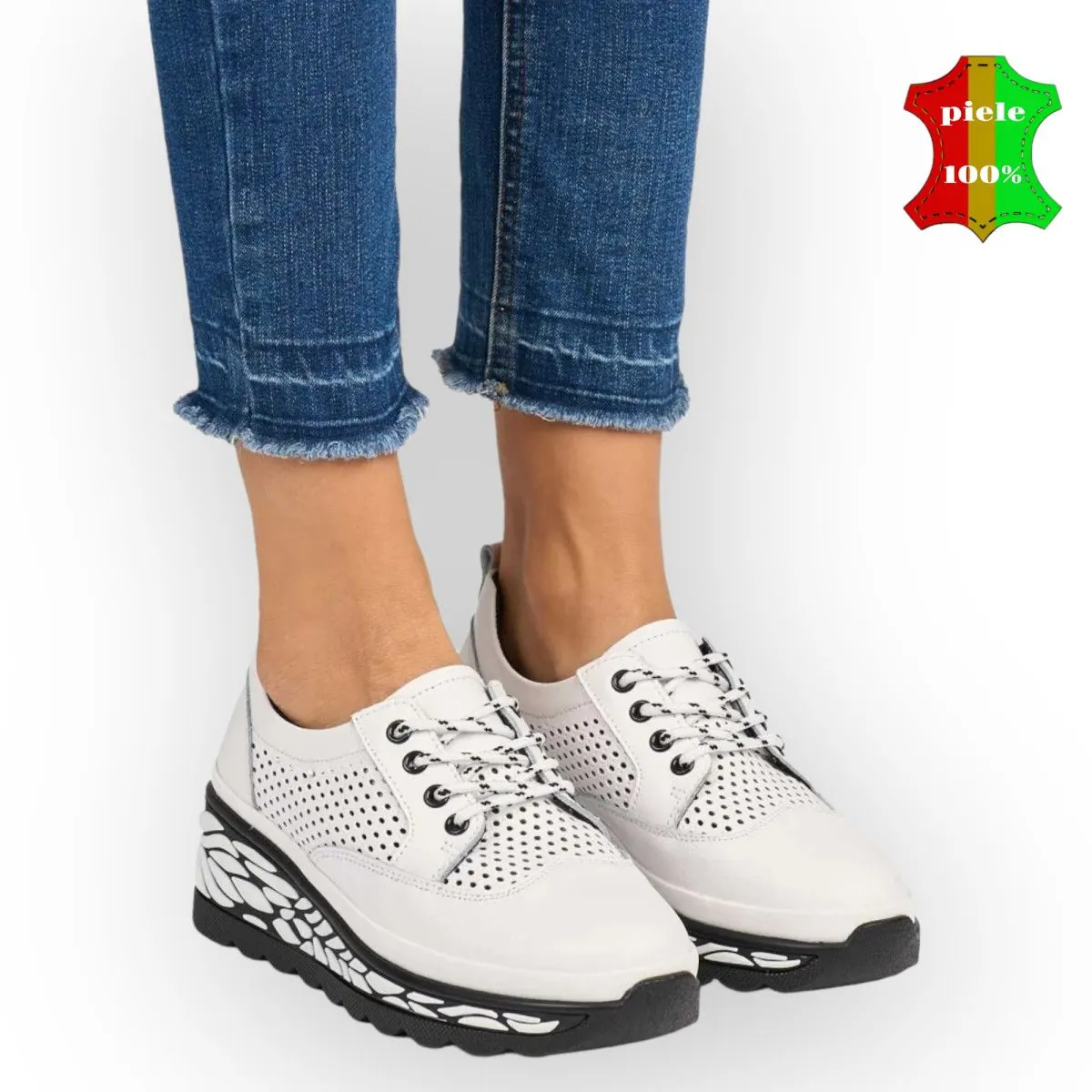 Tienda online de zapatos de piel auténtica para mujer.Zapatos casuales blancos de piel auténtica con suela alta negra |ALVOK|