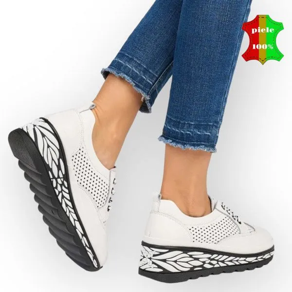 Tienda online de zapatos de piel auténtica para mujer.Zapatos casuales blancos de piel auténtica con suela alta negra |ALVOK|