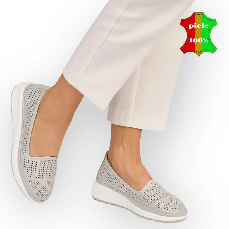 Balerini pile naturala gri perforált slip-on |KOLATTI|