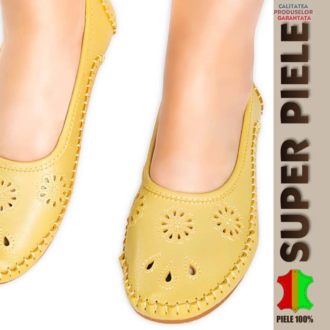 Balerini-MocasiniMocasini galbeni mustar Cu Perforatii Florale |Rozana|-Piele Naturala