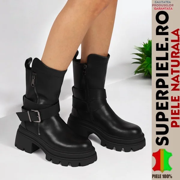 Stivaletti alti casual da donna in pelle naturale nera con suola spessa e chiusura con cerniera |TAKOZY|