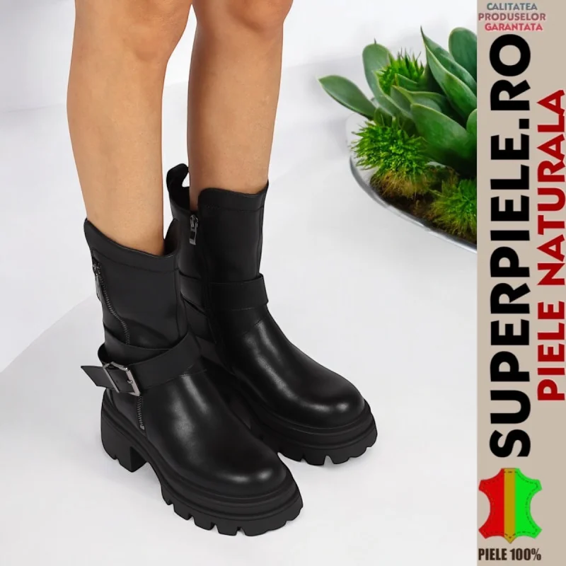 Stivaletti alti casual da donna in pelle naturale nera con suola spessa e chiusura con cerniera |TAKOZY|