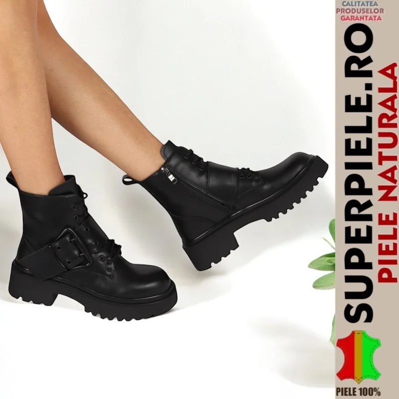 Stivaletti da donna in pelle naturale nero con suola spessa e fibbia decorativa |BOKAZO|