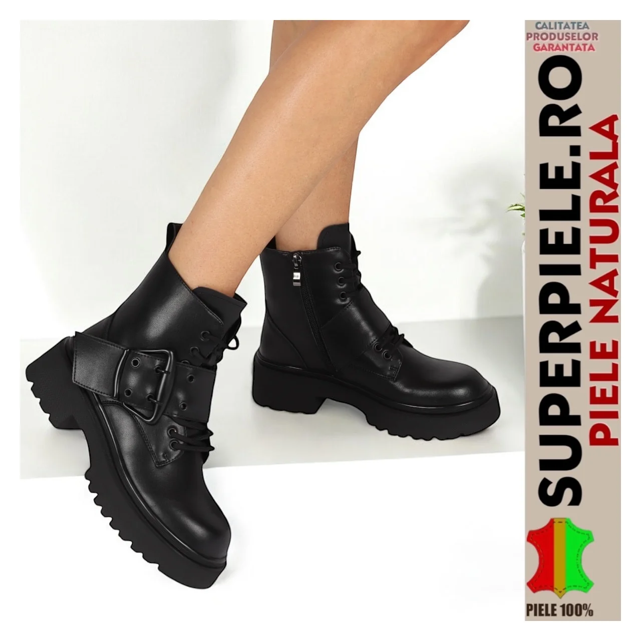 Damen schwarze Stiefel aus echtem Leder mit dicker Sohle und dekorativer Schnalle |BOKAZO|