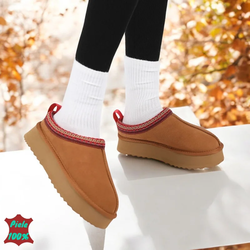 Пантофи тип |UGG| от естествена камила кожа с висока подметка