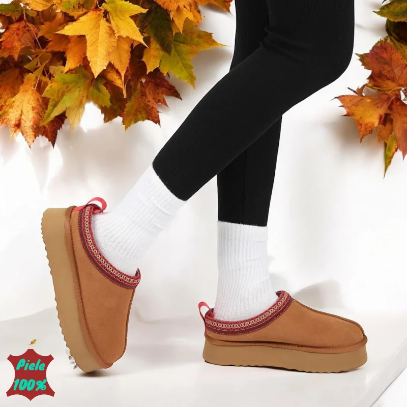 Пантофи тип |UGG| от естествена камила кожа с висока подметка
