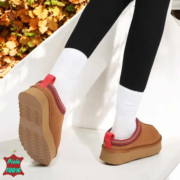 Пантофи тип |UGG| от естествена камила кожа с висока подметка