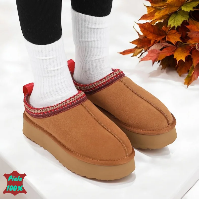 Пантофи тип |UGG| от естествена камила кожа с висока подметка