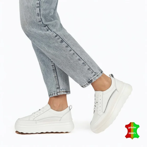 λευκά casual παπούτσια, φυσικό δέρμα, ψηλή σόλα με κορδόνια |ZIKAVY|