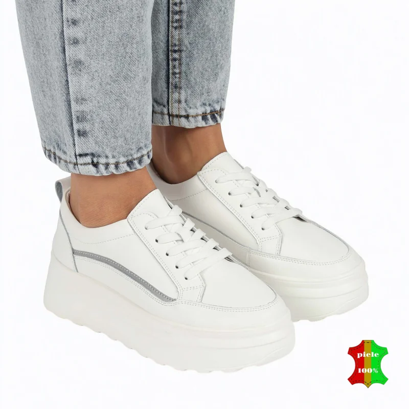 λευκά casual παπούτσια, φυσικό δέρμα, ψηλή σόλα με κορδόνια |ZIKAVY|