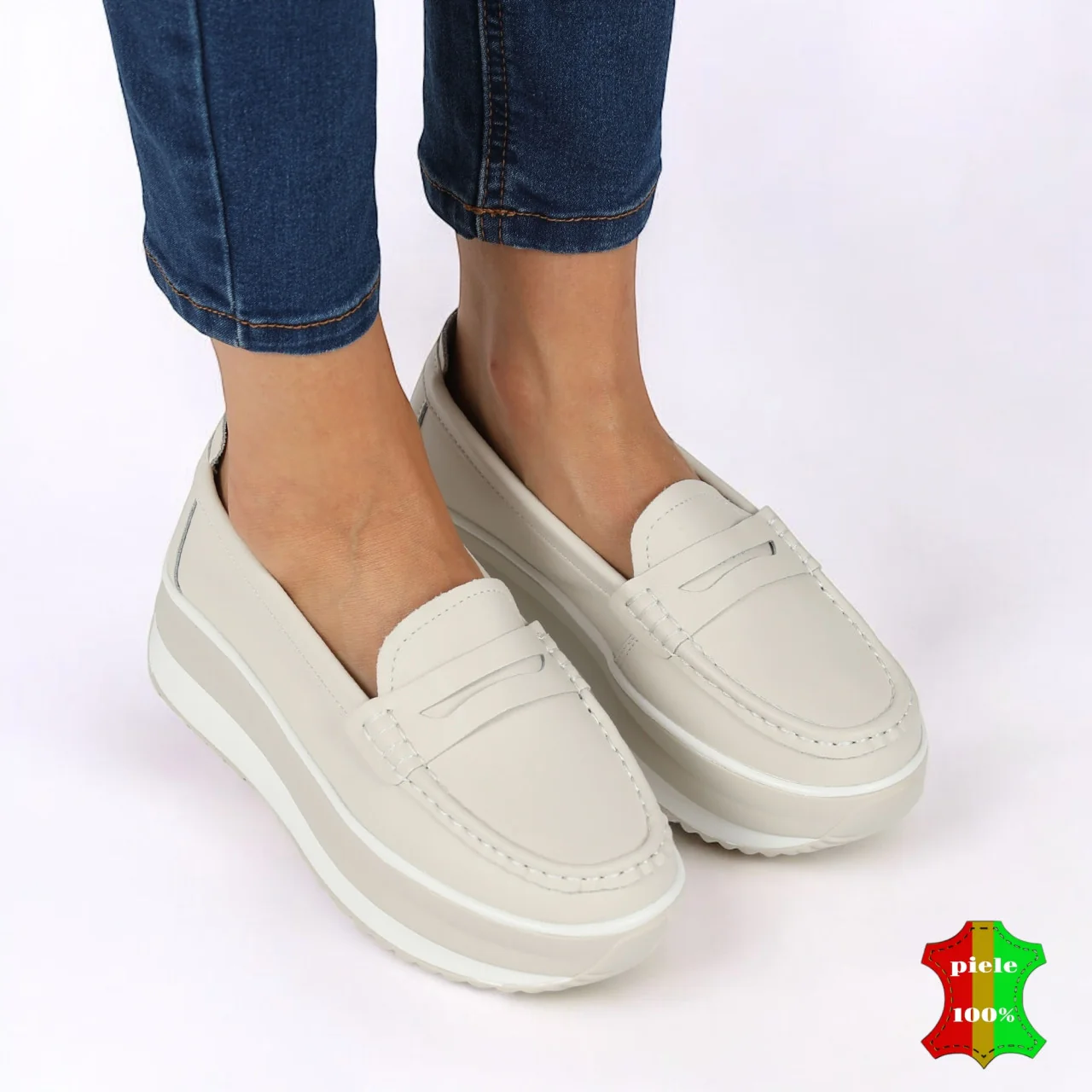 internetska trgovina za ženske cipele od prave koželežerne mokasine od bež prave kože slip-on |LONKOVO|