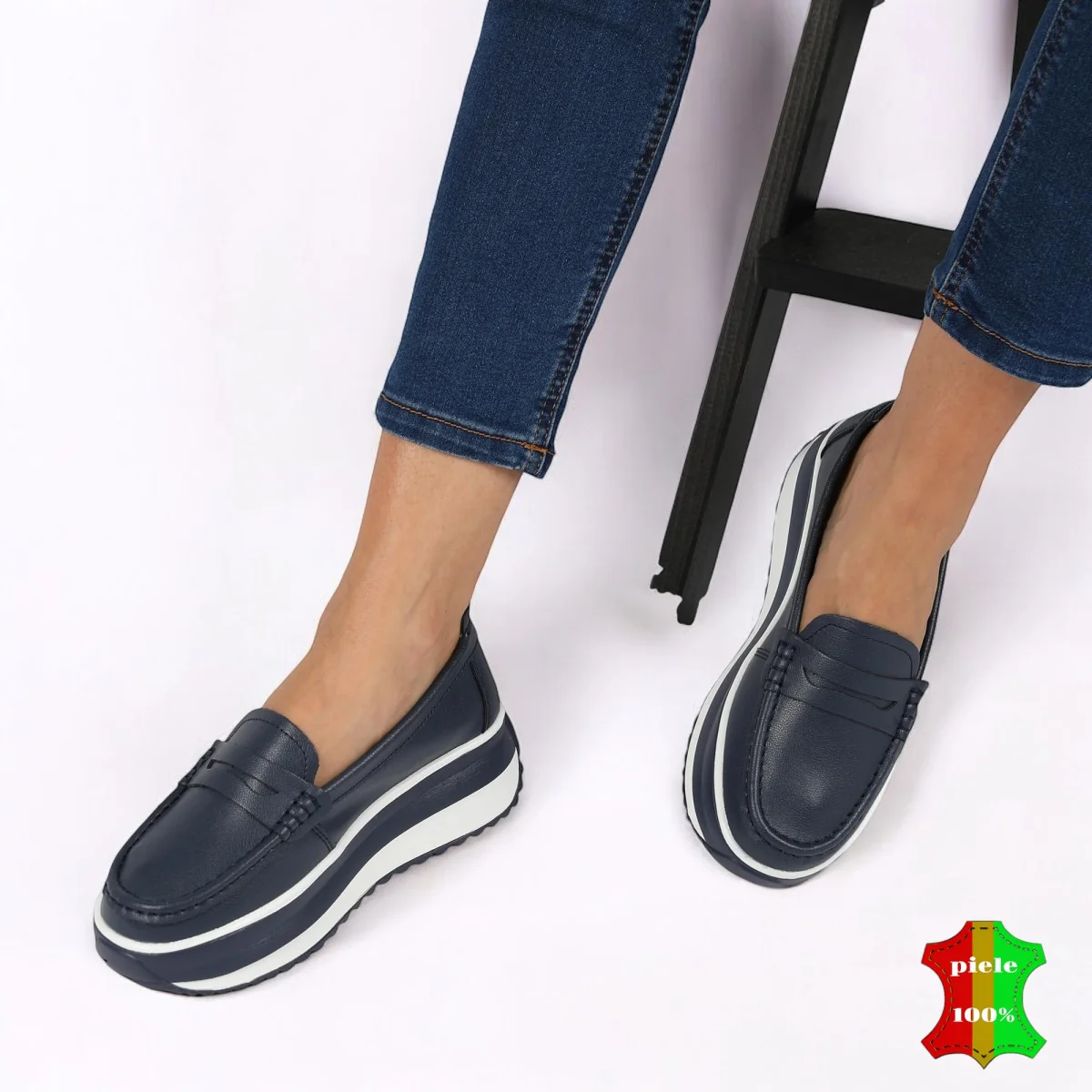 mocassins décontractés en cuir véritable bleu foncé avec plateforme confortable |LONKOVO|