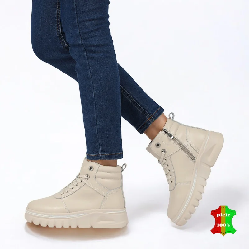 Bottes en fourrure beige pour femme en cuir véritable, idéales | ZOLPA |