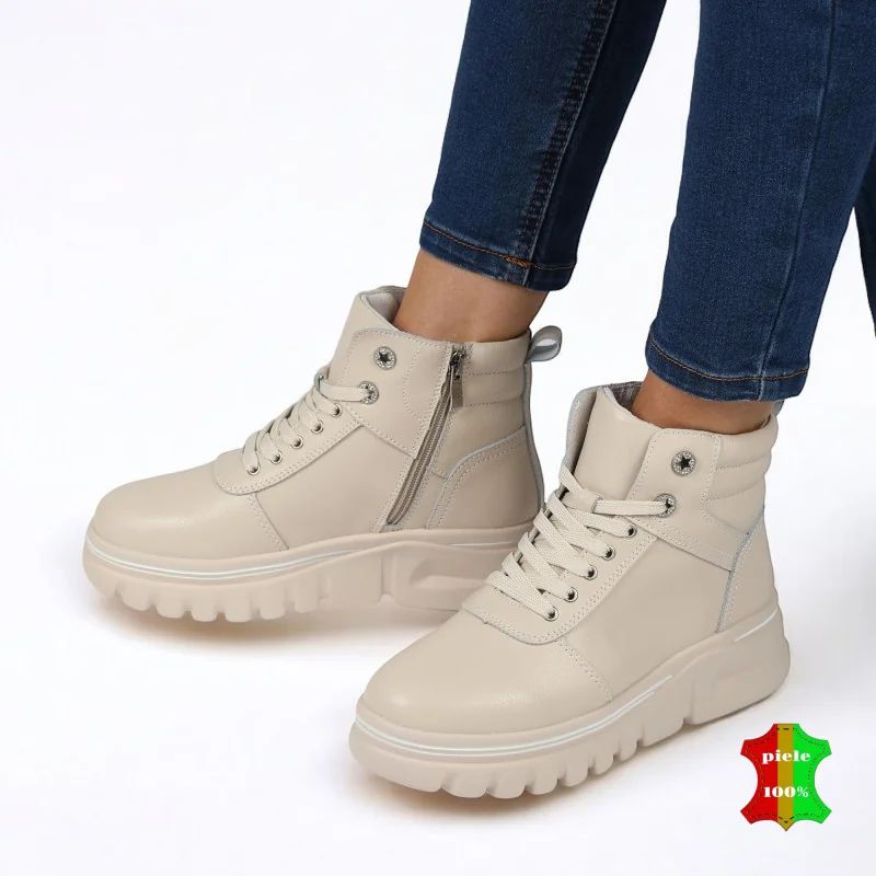 Bottes en fourrure beige pour femme en cuir véritable, idéales | ZOLPA |