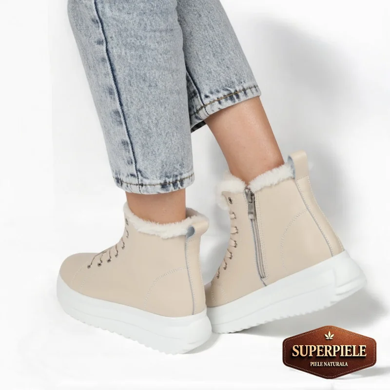 Bottes décontractées beiges en cuir véritable avec semelle épaisse |REPANDO|