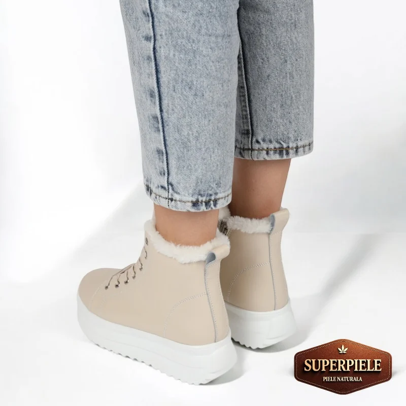 Bottes décontractées beiges en cuir véritable avec semelle épaisse |REPANDO|