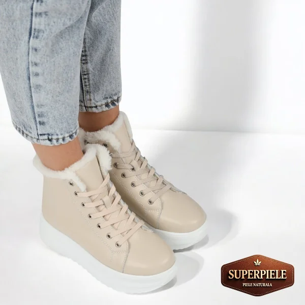 Bottes décontractées beiges en cuir véritable avec semelle épaisse |REPANDO|