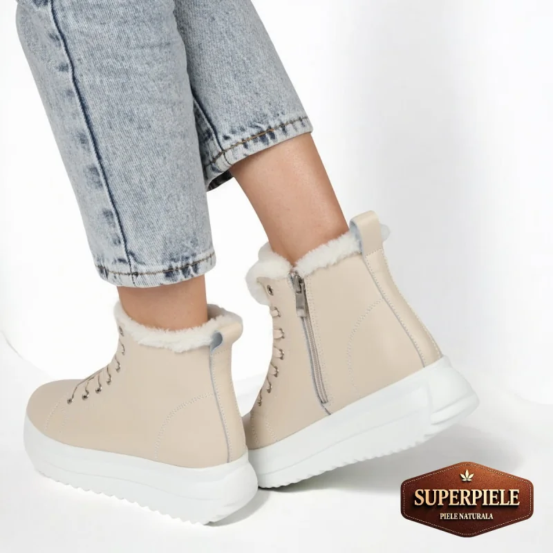 Bottes décontractées beiges en cuir véritable avec semelle épaisse |REPANDO|