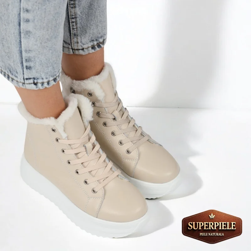 Bottes décontractées beiges en cuir véritable avec semelle épaisse |REPANDO|