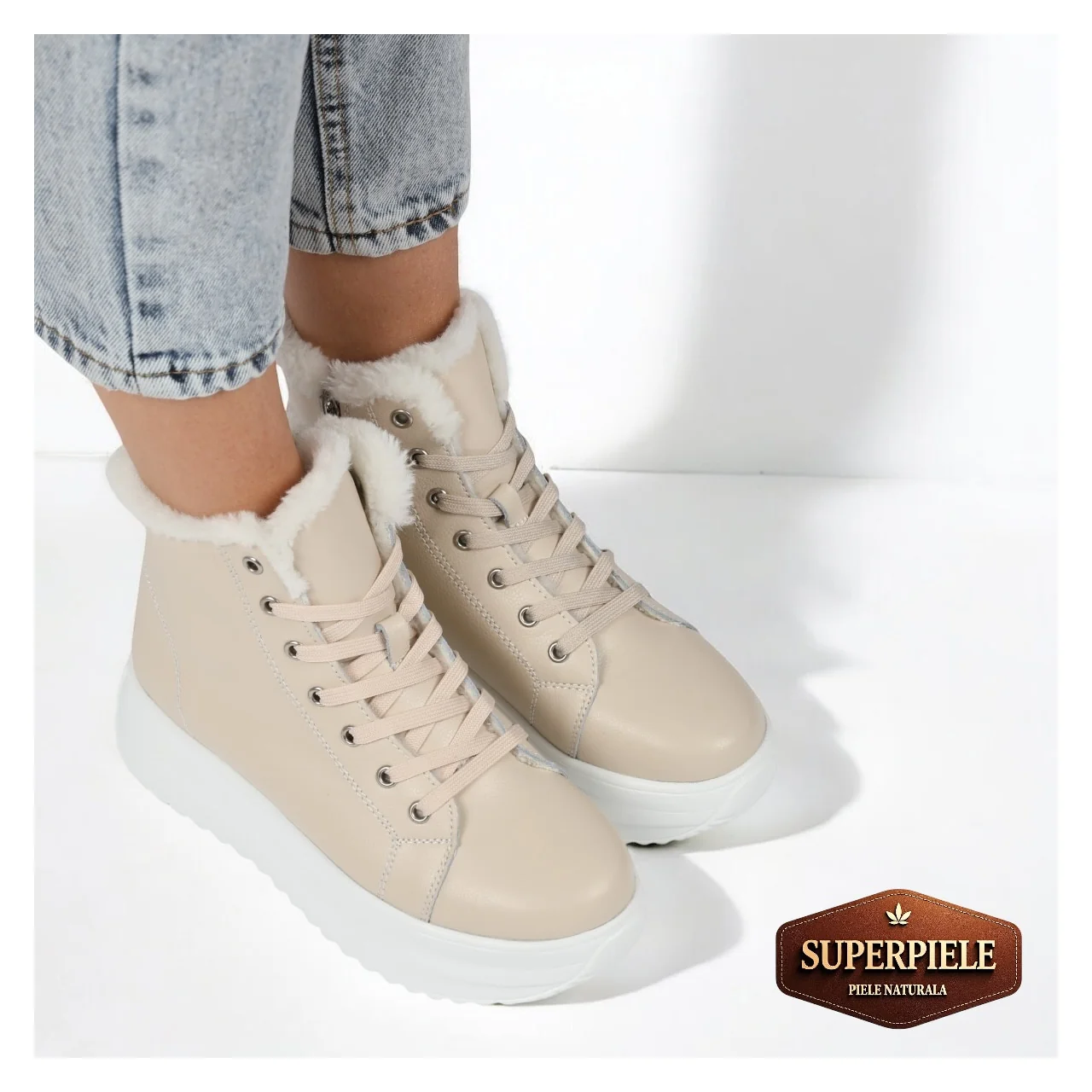 Bottes décontractées beiges en cuir véritable avec semelle épaisse |REPANDO|