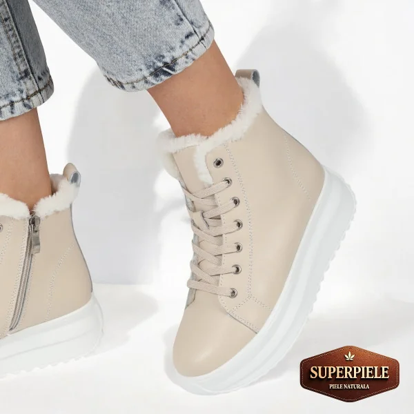 Bottes décontractées beiges en cuir véritable avec semelle épaisse |REPANDO|