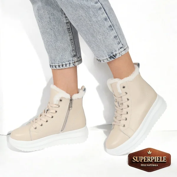 Bottes décontractées beiges en cuir véritable avec semelle épaisse |REPANDO|